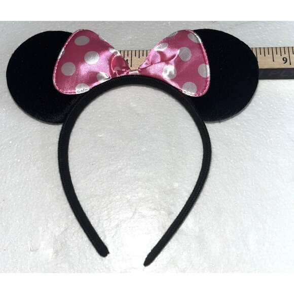 Childs Minnie Mouse Ears Headband With Pink Polka Dot Satin Bow Disney Party - Picture 1 of 3